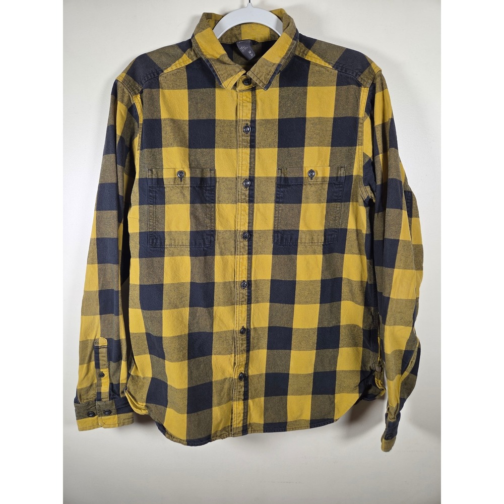Mountain Hardwear Men M Yellow Black Buffalo Plaid Flannel Workwear Shirt Cotton